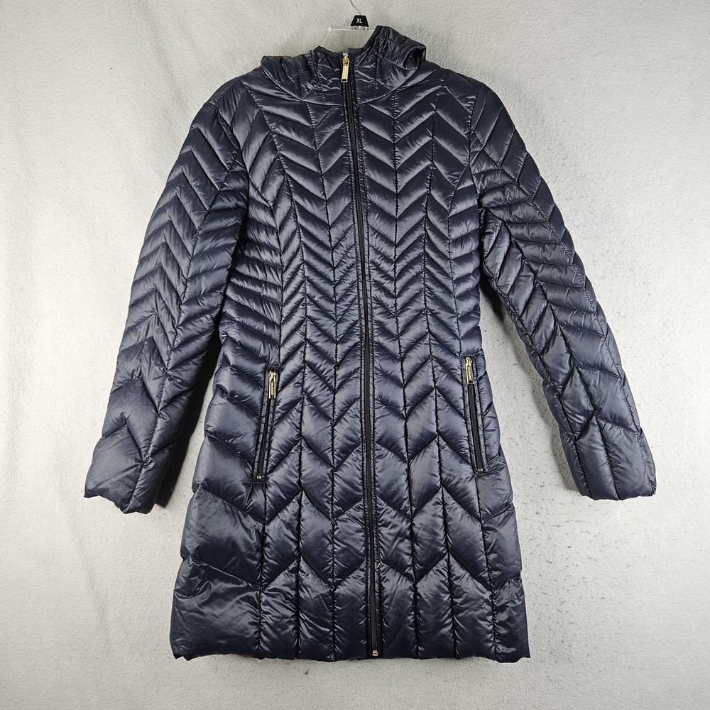 London Fog Packable Down Puffer Coat Womens Small Navy Hooded Quilted Long